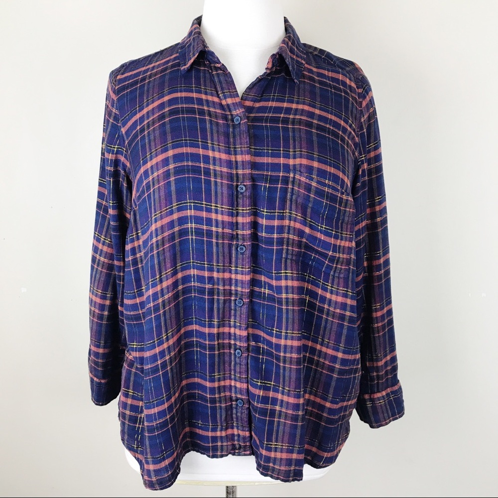 Lucky Brand Plaid Metallic Button Up Blouse 1X